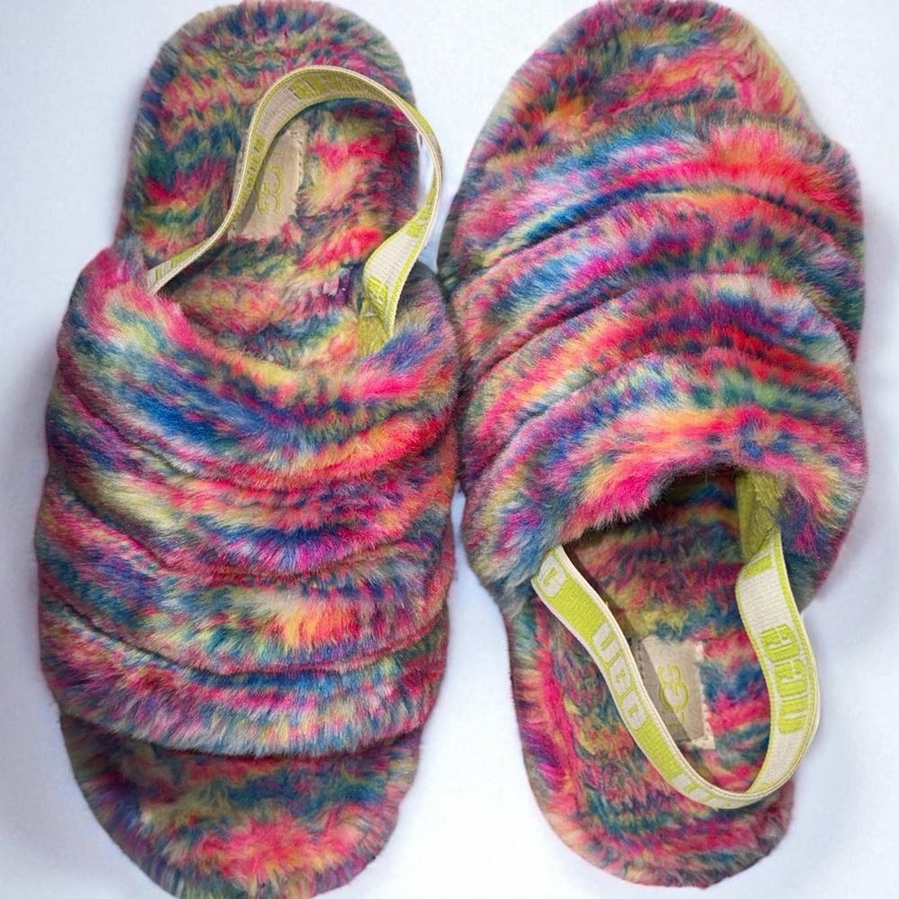 UGG Fluff Yeah Pixelate Slide Multi-Color Faux Fur Slippers Fits US Size 7-8
